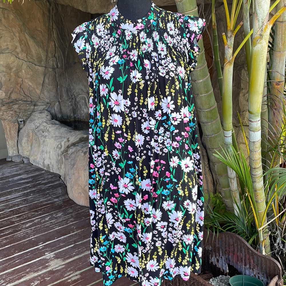 crown & ivy Black Floral Midi Dress with White, Pink & Teal Blooms